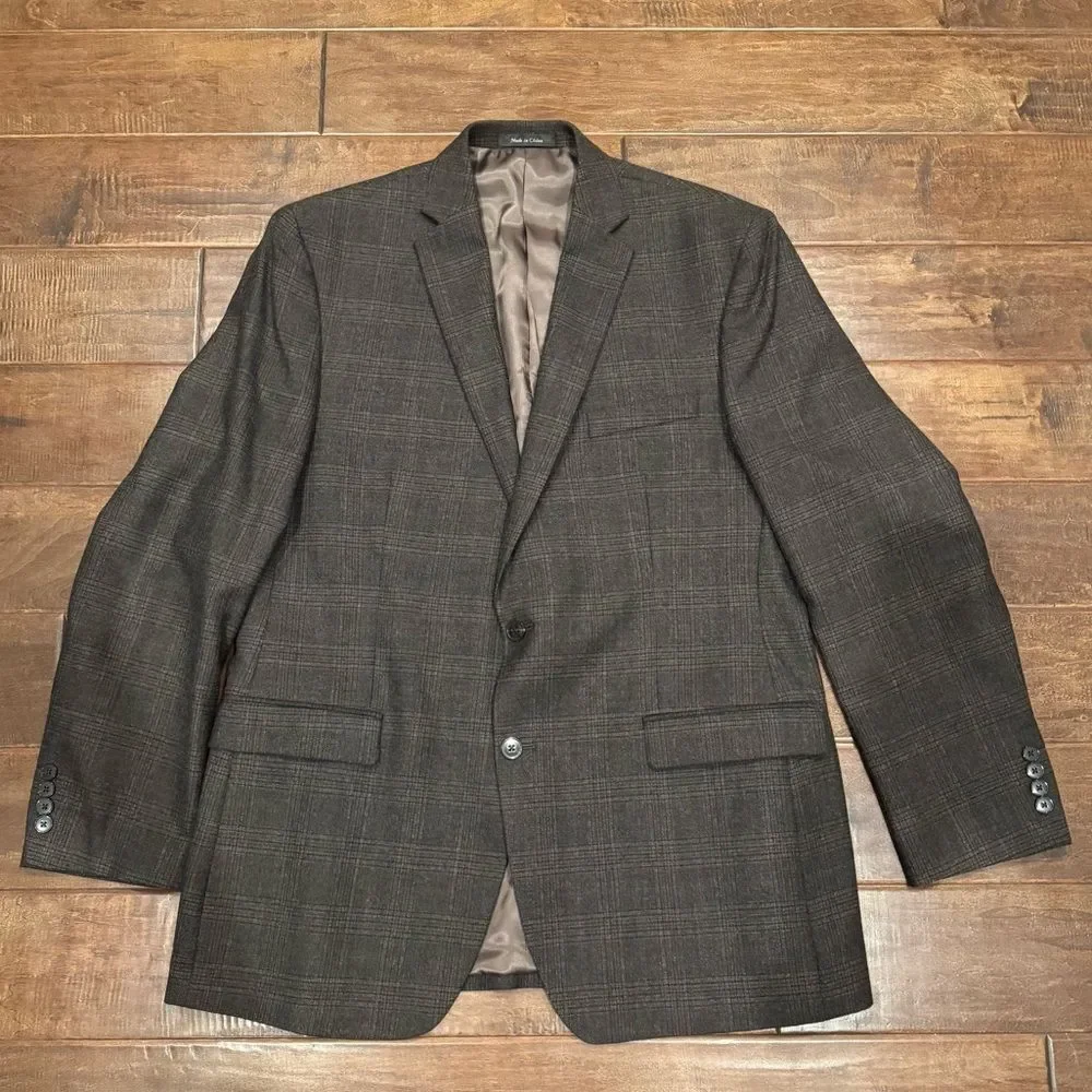 Calvin Klein Men's 44L Gray Plaid Two Button Wool Sports Coat Blazer Jacket
